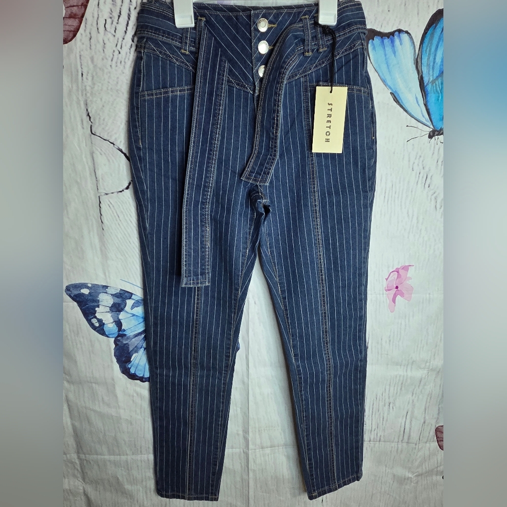 High-Waisted Navy Pinstripe Skinny Jeans